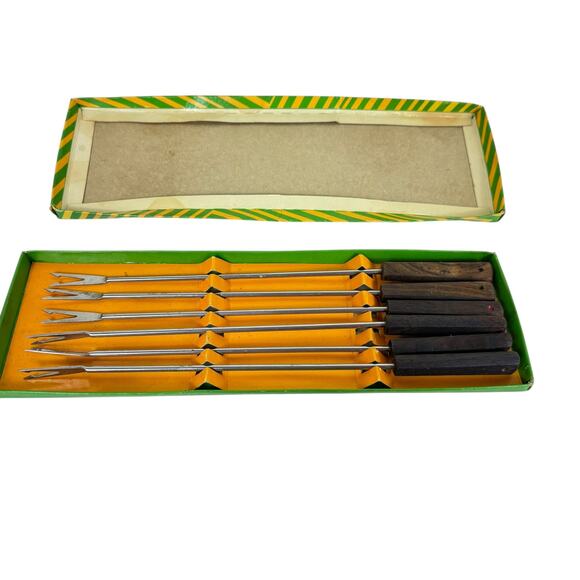 Vtg Fred Roberts 6 Piece Stainless Steel Fondue Forks Wooden Color Coded Handles - Picture 1 of 4